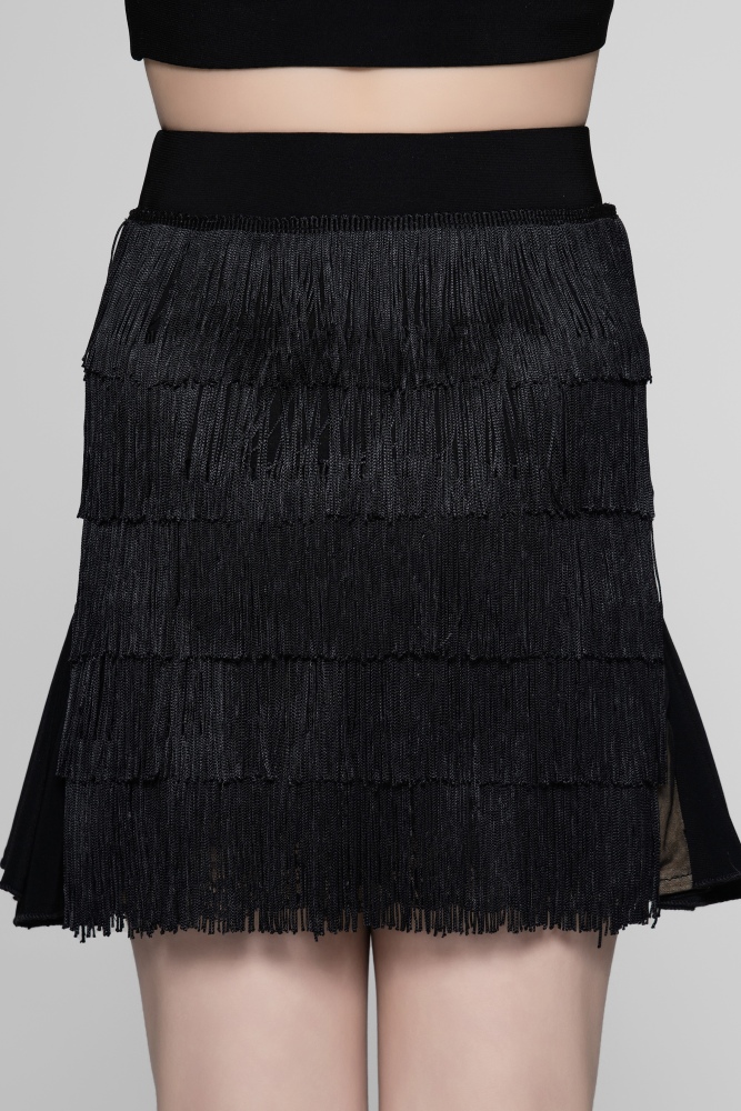 Tulle-Panel Mini Skirt with Wavy Fringe (Brick Red)