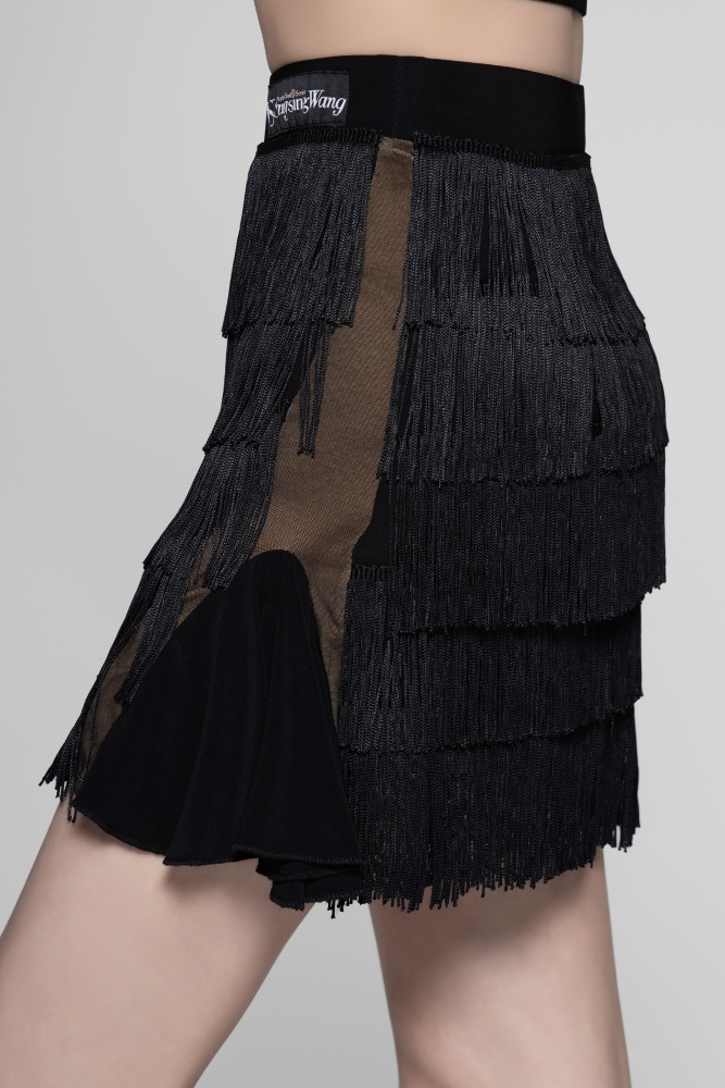 Girl's Tulle-Panel Latin Skirt with Fringe (Brick Red)#241118