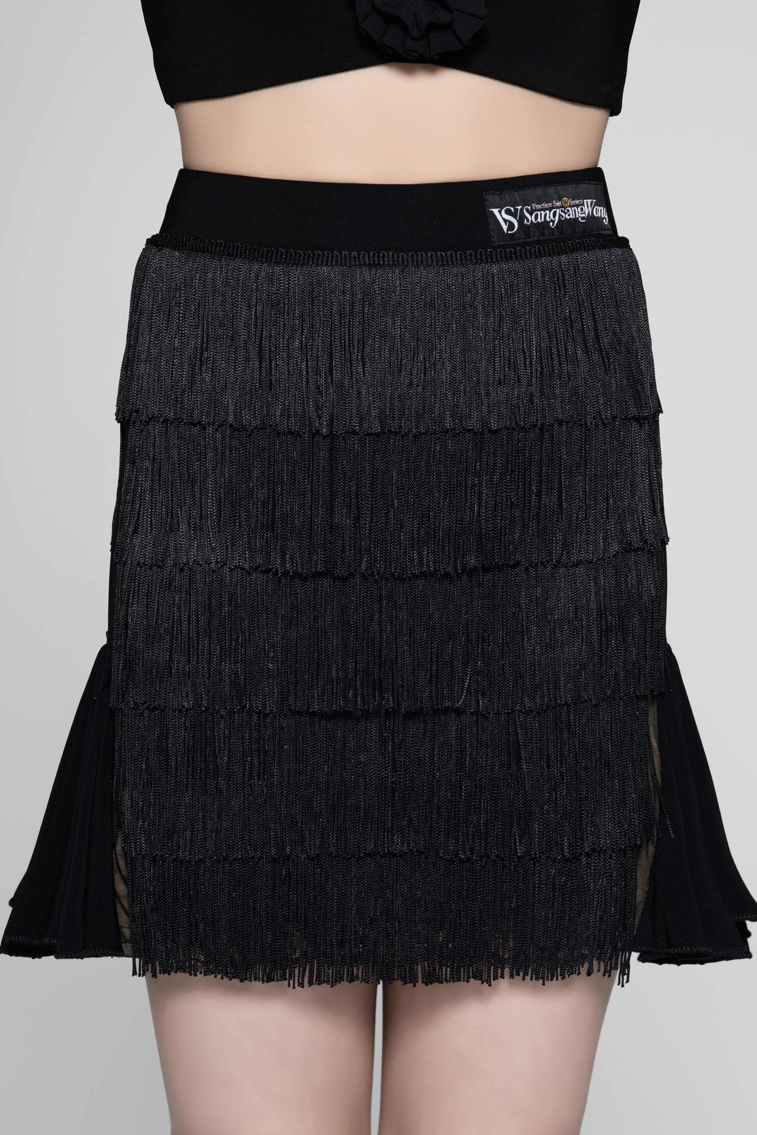 Tulle-Panel Mini Skirt with Wavy Fringe (Brick Red)