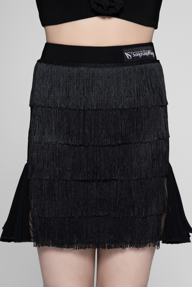 Tulle-Panel Mini Skirt with Wavy Fringe (Brick Red)
