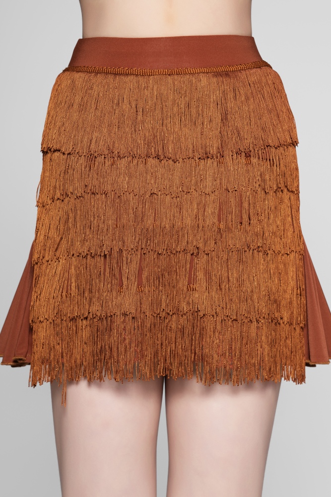 Tulle-Panel Mini Skirt with Wavy Fringe (Brick Red)