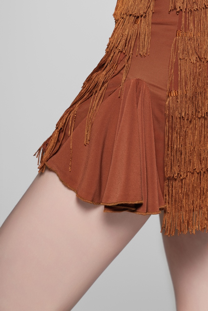 Tulle-Panel Mini Skirt with Wavy Fringe (Brick Red)