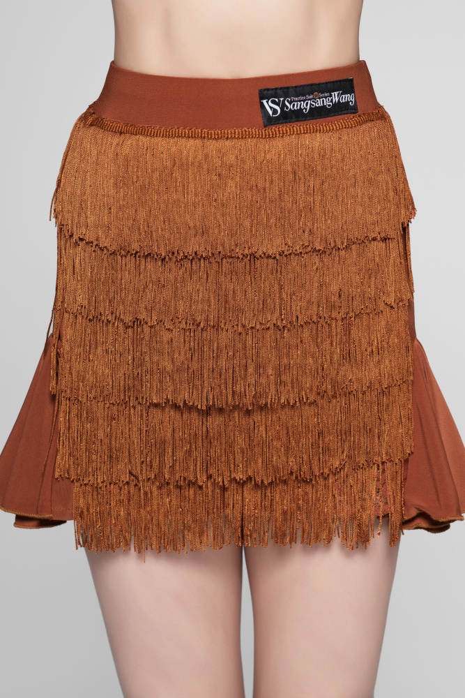 Tulle-Panel Mini Skirt with Wavy Fringe (Brick Red)