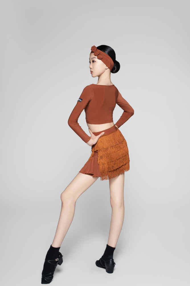Tulle-Panel Mini Skirt with Wavy Fringe (Brick Red)