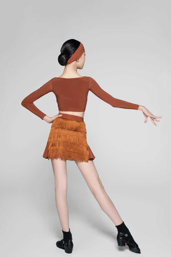 Tulle-Panel Mini Skirt with Wavy Fringe (Brick Red)