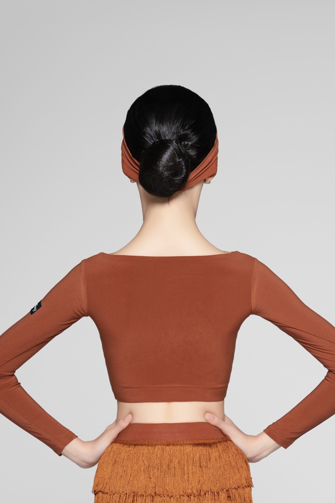 Cropped Top with Hollow Floral Design (Brick Red / With Hair Accessories)