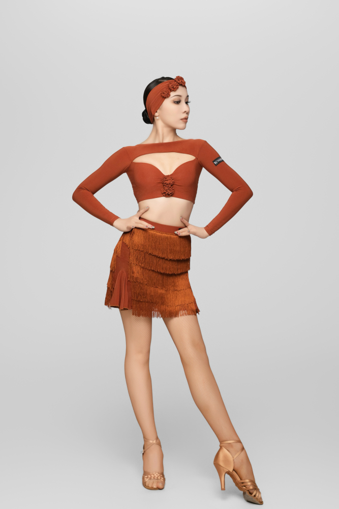 Tulle-Panel Mini Skirt with Wavy Fringe (Brick Red)