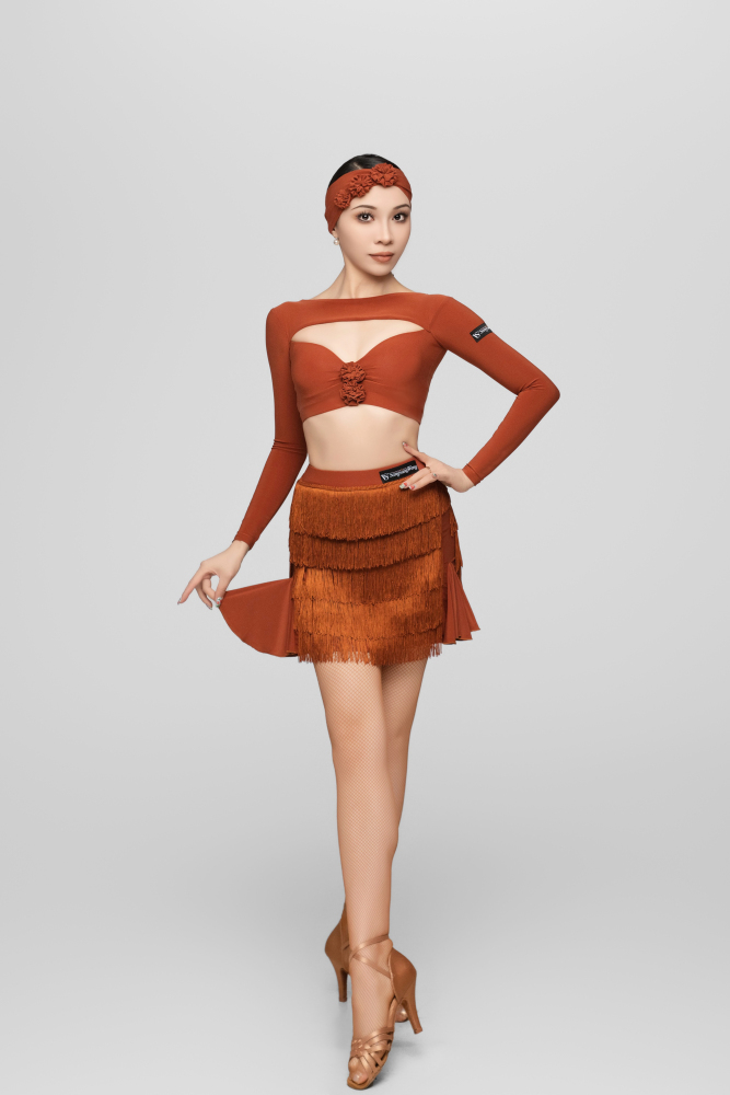 Tulle-Panel Mini Skirt with Wavy Fringe (Brick Red)