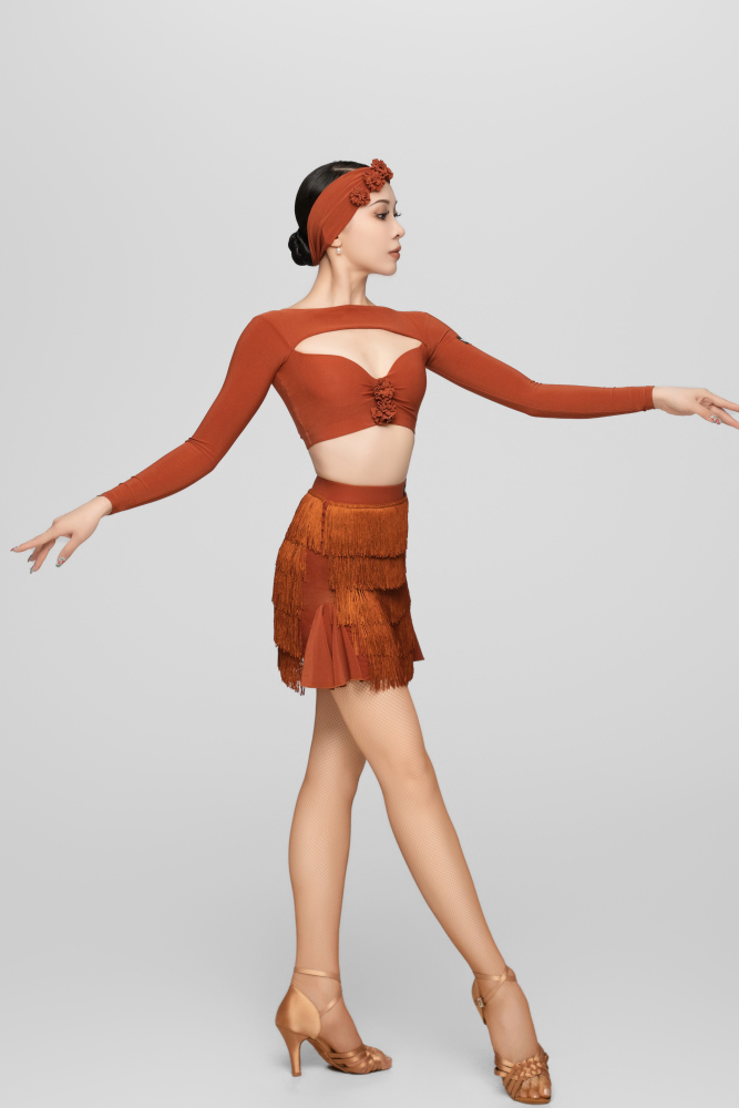 Tulle-Panel Mini Skirt with Wavy Fringe (Brick Red)