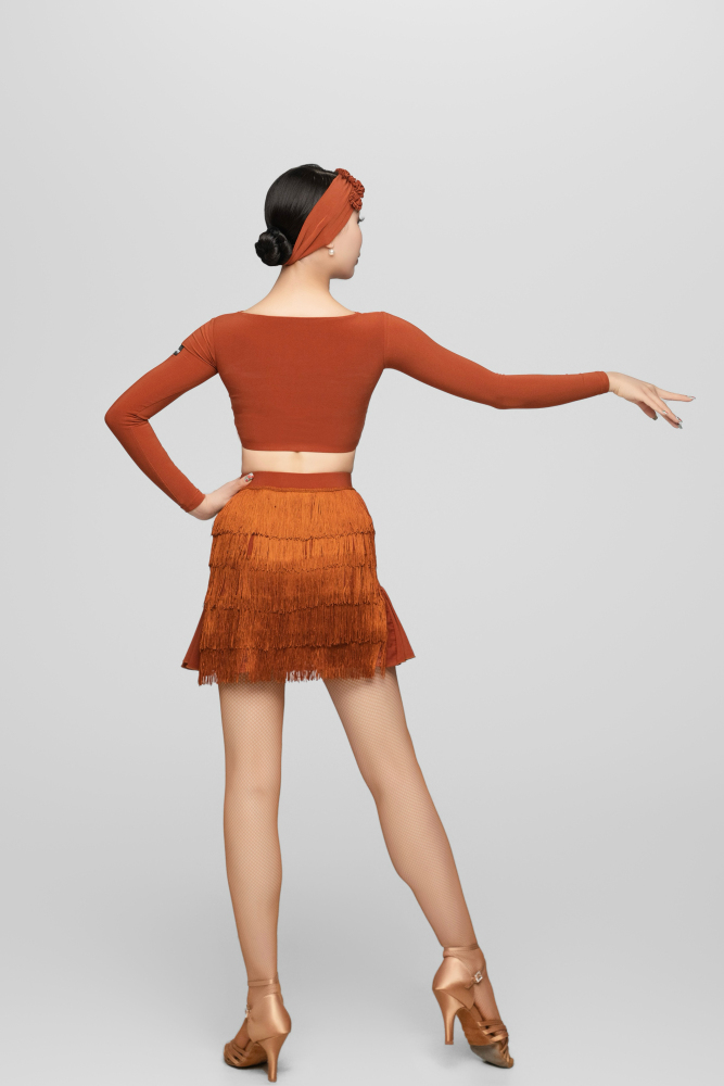 Tulle-Panel Mini Skirt with Wavy Fringe (Brick Red)