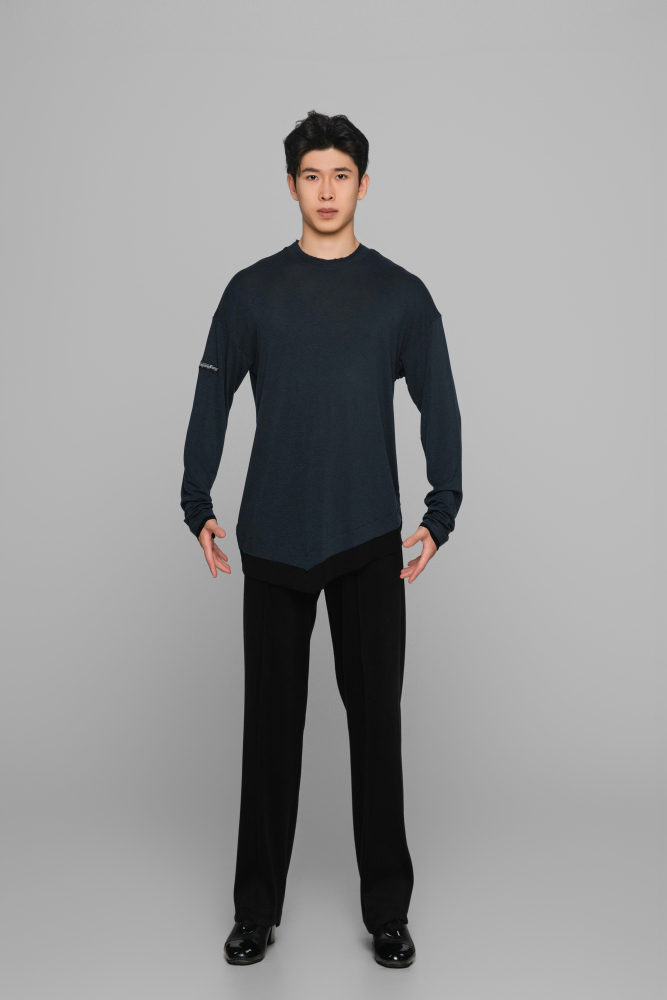 Color-block Round Neck Top (Blue and Black)