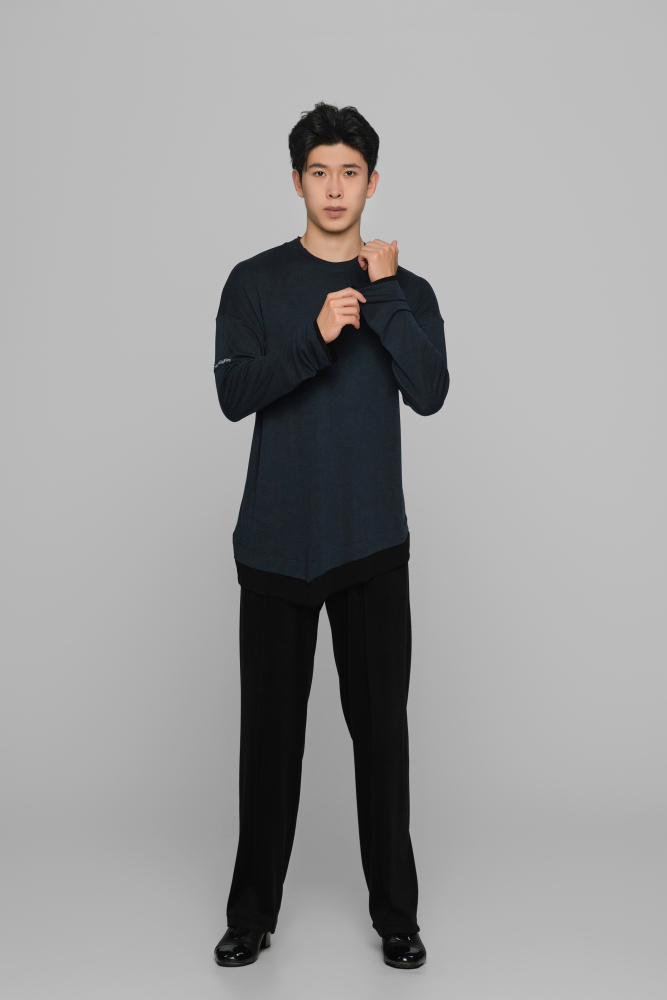 Color-block Round Neck Top (Blue and Black)
