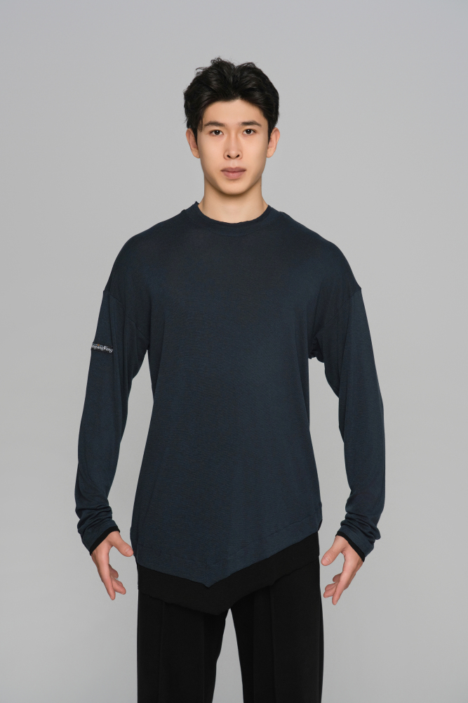 Color-block Round Neck Top (Blue and Black)