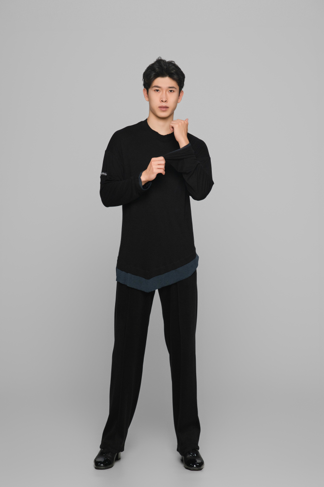 Color-block Round Neck Top (Blue and Black)