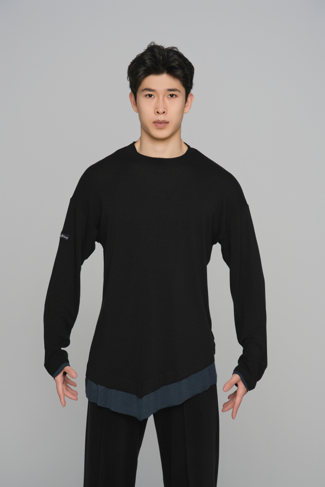 Color-block Round Neck Top (Blue and Black)