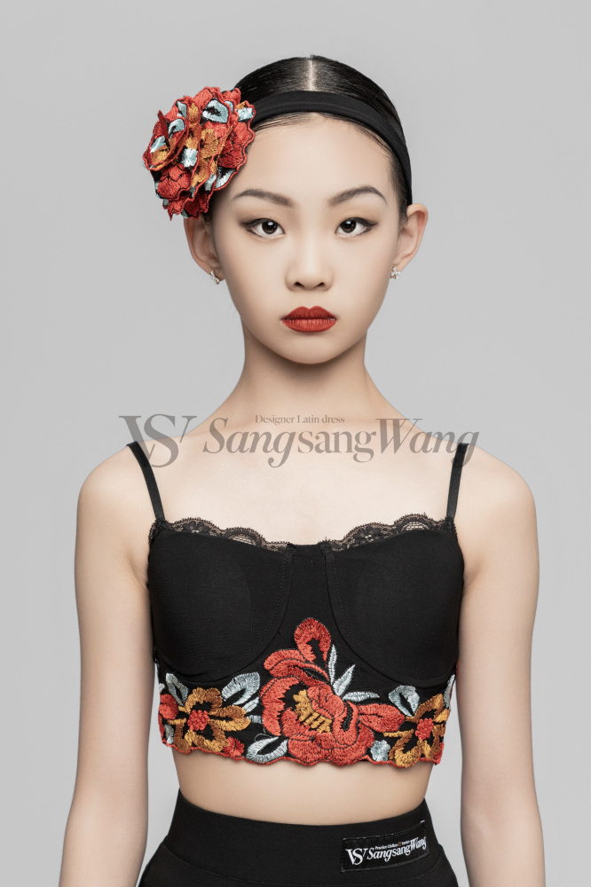 Embroidered Red Flower Lace Up Short Top (Black)