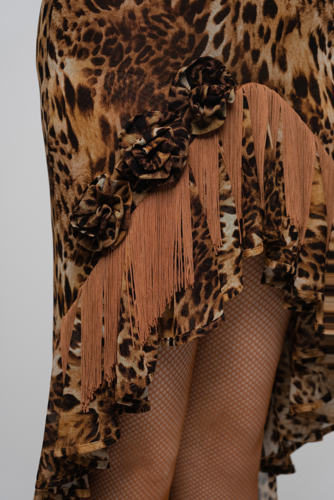 Women's Leopard Print Floral Fringe - Hem Skirt