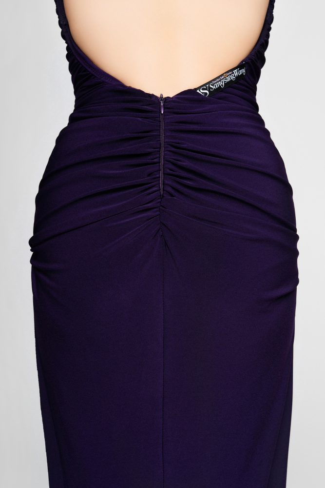 Women's High Neck Ruched Sleeveless Long Dress (Purple / with Hair Accessories)