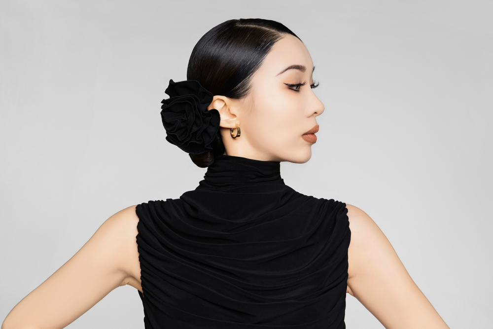 Women's High Neck Ruched Sleeveless Long Dress (Purple / with Hair Accessories)