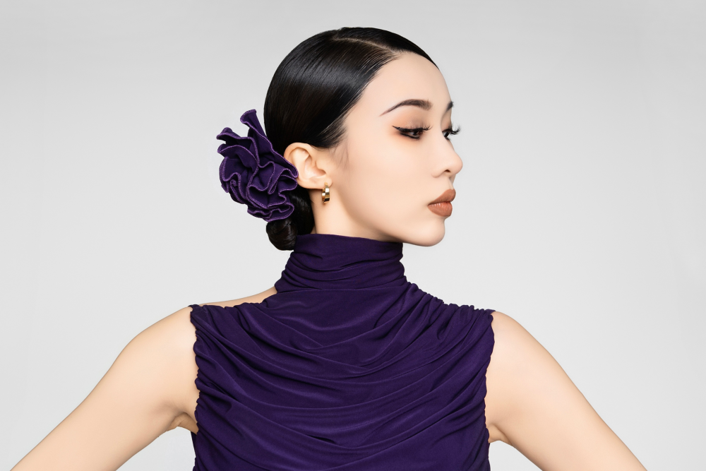 Women's High Neck Ruched Sleeveless Long Dress (Purple / with Hair Accessories)