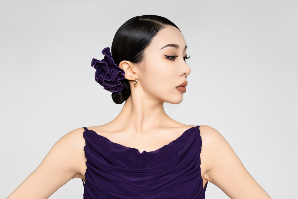 Women's High Neck Ruched Sleeveless Long Dress (Purple / with Hair Accessories)