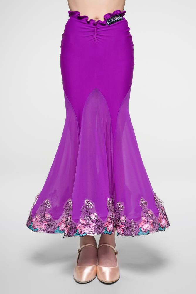 Girls' Embroidered V - Waist Full - Flared Skirt (Violet)