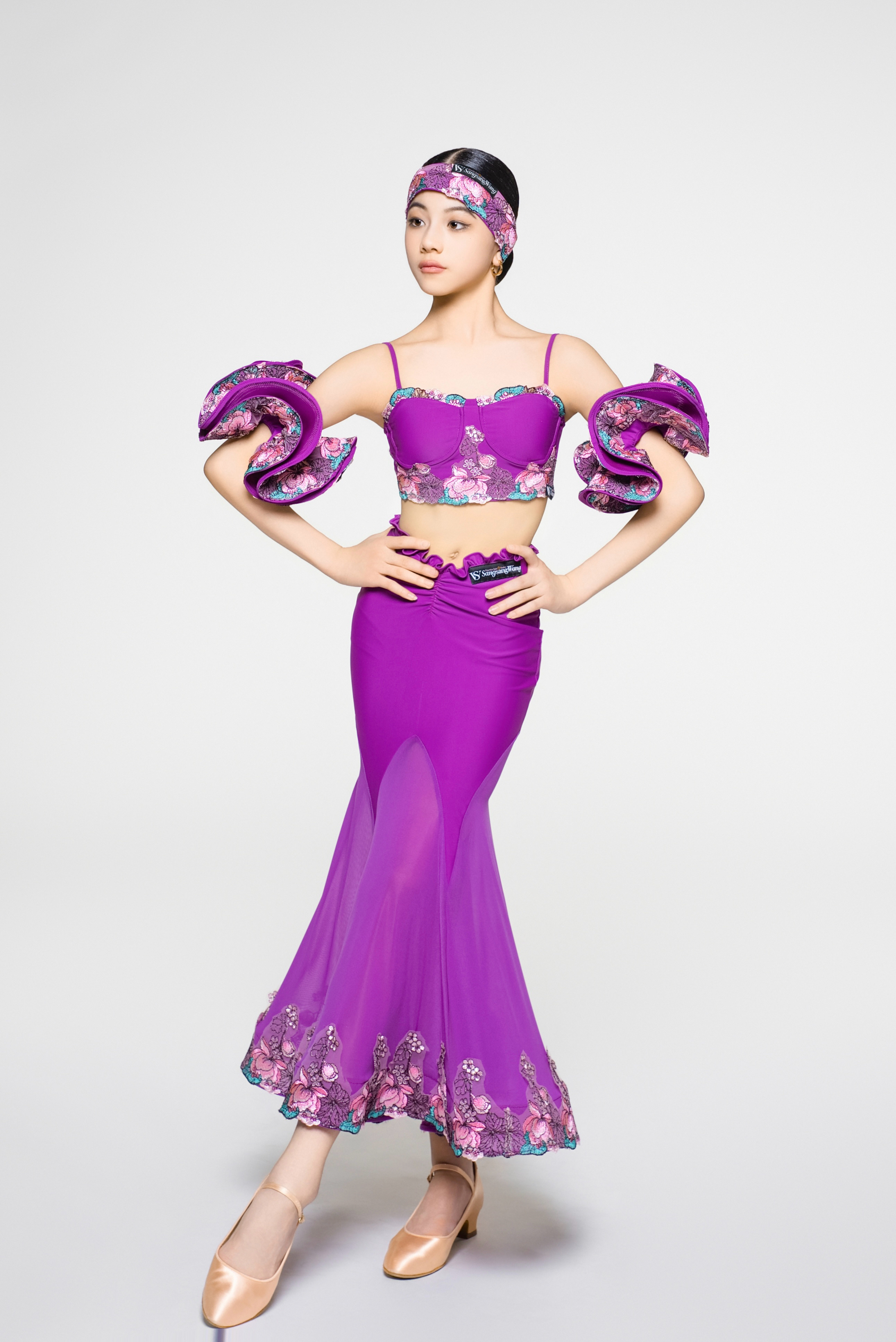 Girls' Embroidered V - Waist Full - Flared Skirt (Violet)