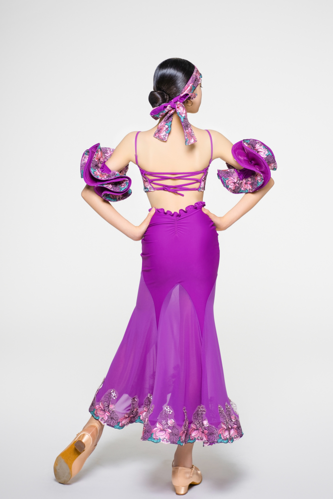 Girls' Embroidered V - Waist Full - Flared Skirt (Violet)