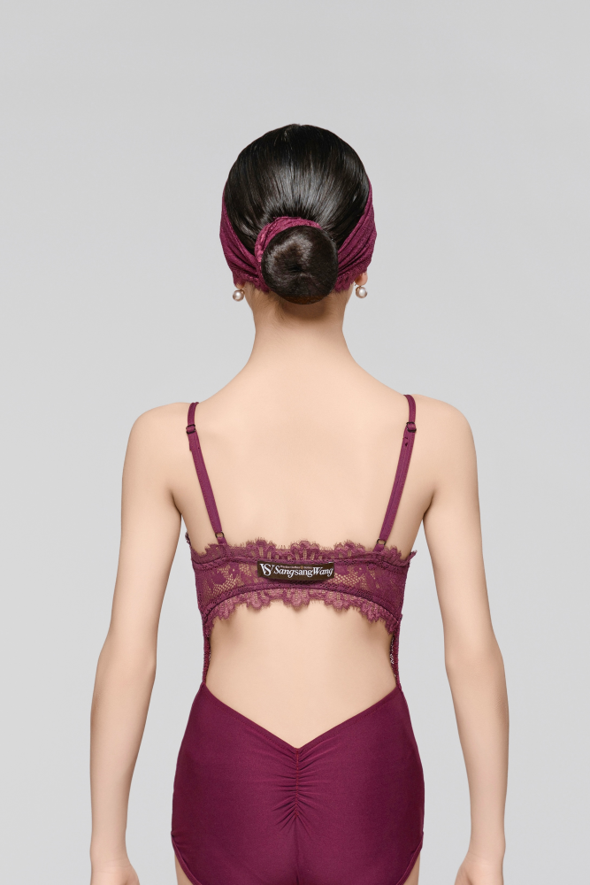Hollow Lace Halter Bodysuit(With Hairband / Grape Purple)