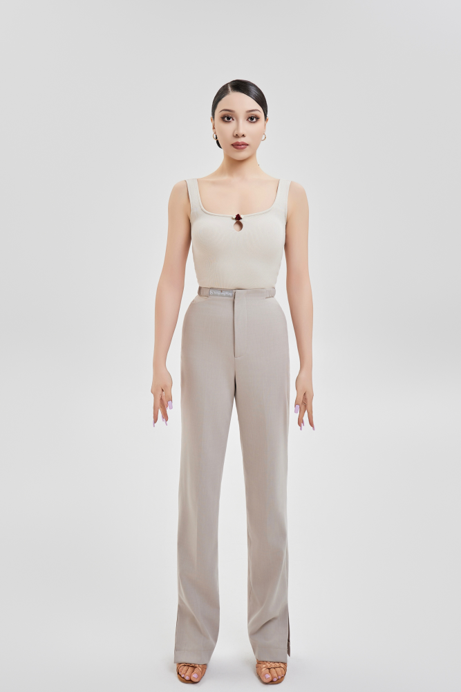 Women's Cutout Waist Slit Trousers (Beige)