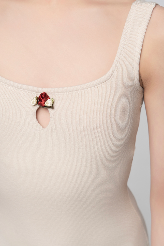 Girls' "Little Red Flower" Ribbed Sleeveless Jumpsuit (Light Apricot)