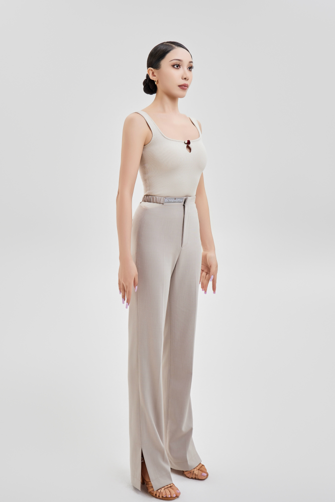 Women's Cutout Waist Slit Trousers (Beige)