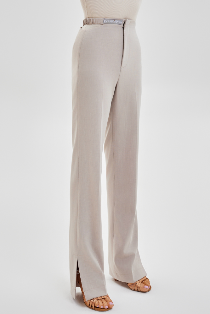 Women's Cutout Waist Slit Trousers (Beige)