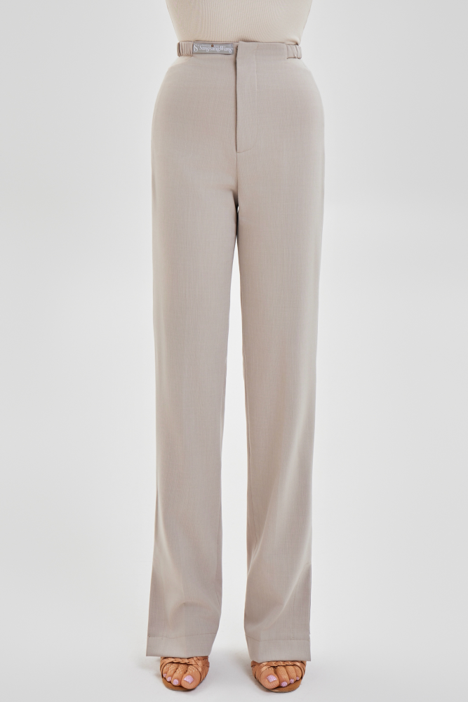 Women's Cutout Waist Slit Trousers (Beige)