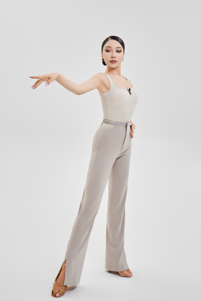 Women's Cutout Waist Slit Trousers (Beige)