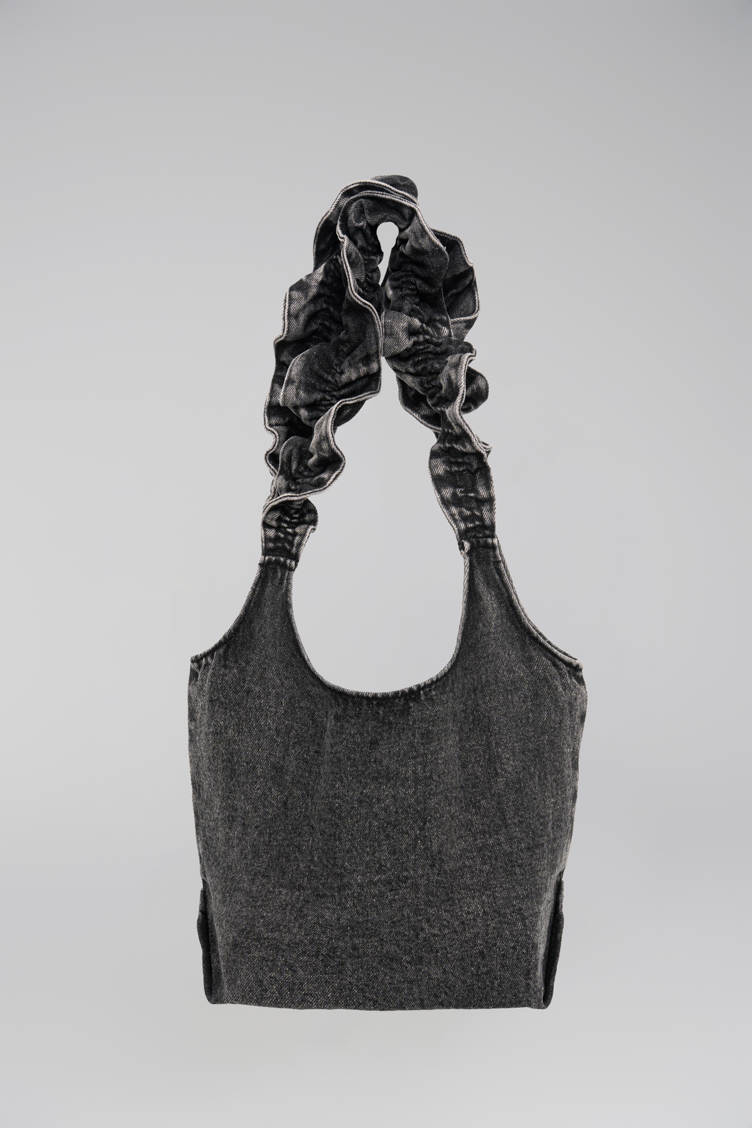 Denim Bag with Ruffled Straps (Black-Gray)