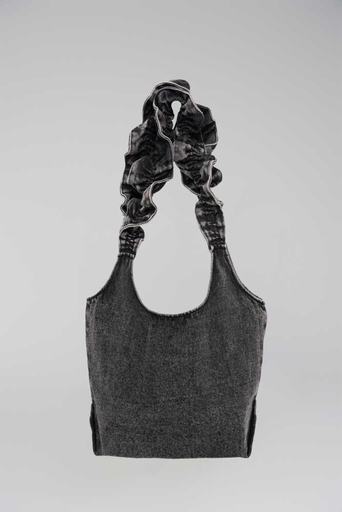 Denim Bag with Ruffled Straps (Black-Gray)