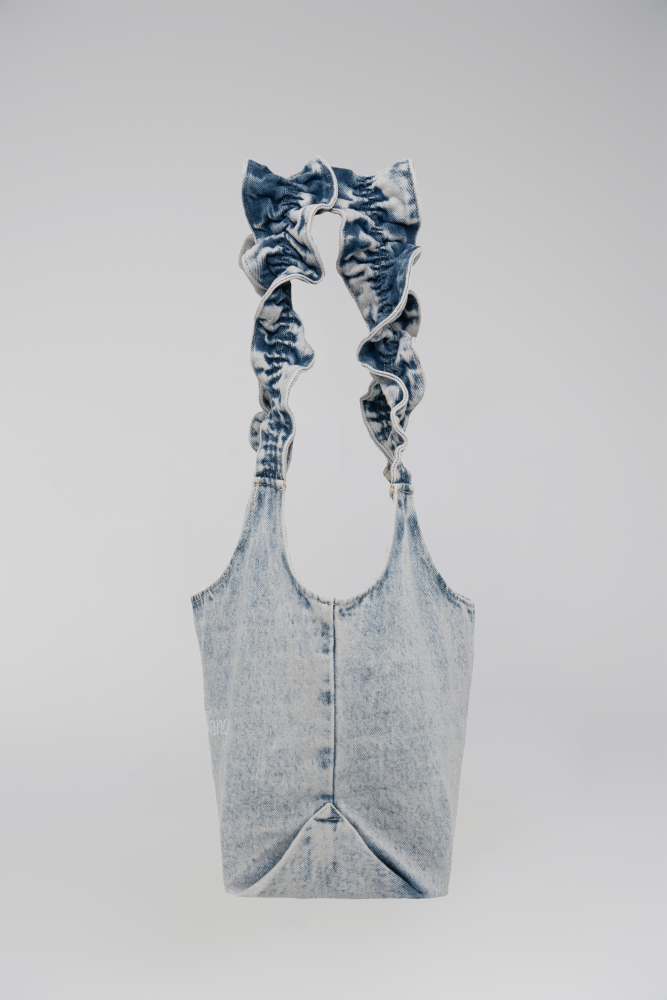 Denim Bag with Ruffled Straps (Black-Gray)