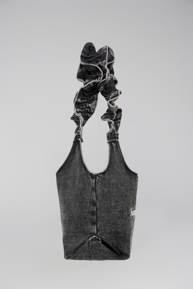 Denim Bag with Ruffled Straps (Black-Gray)