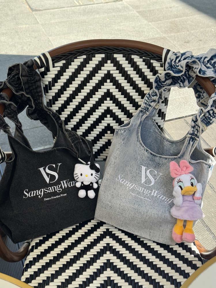 Denim Bag with Ruffled Straps (Black-Gray)