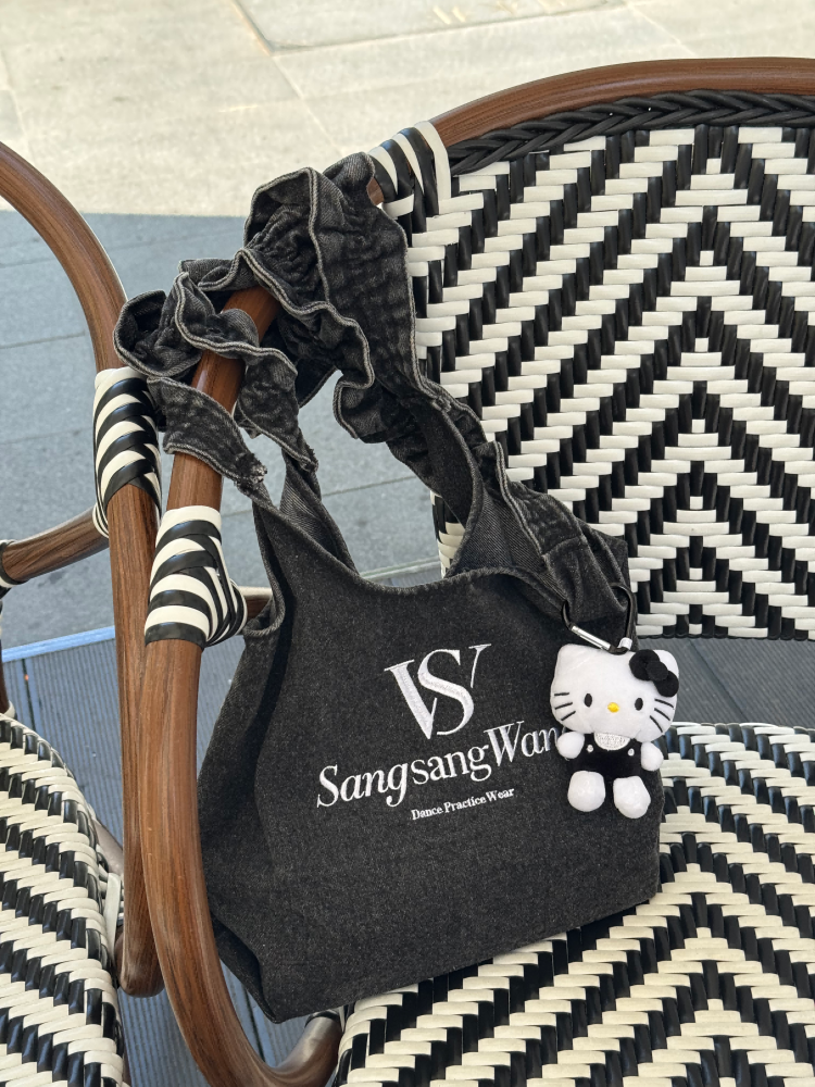 Denim Bag with Ruffled Straps (Black-Gray)