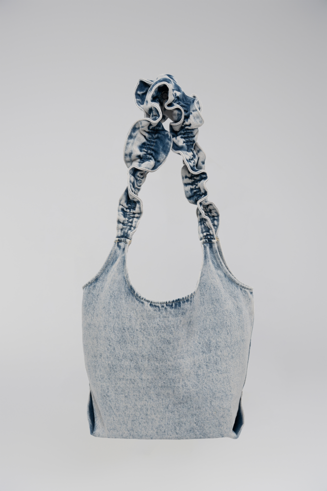 Denim Bag with Ruffled Straps (Black-Gray)