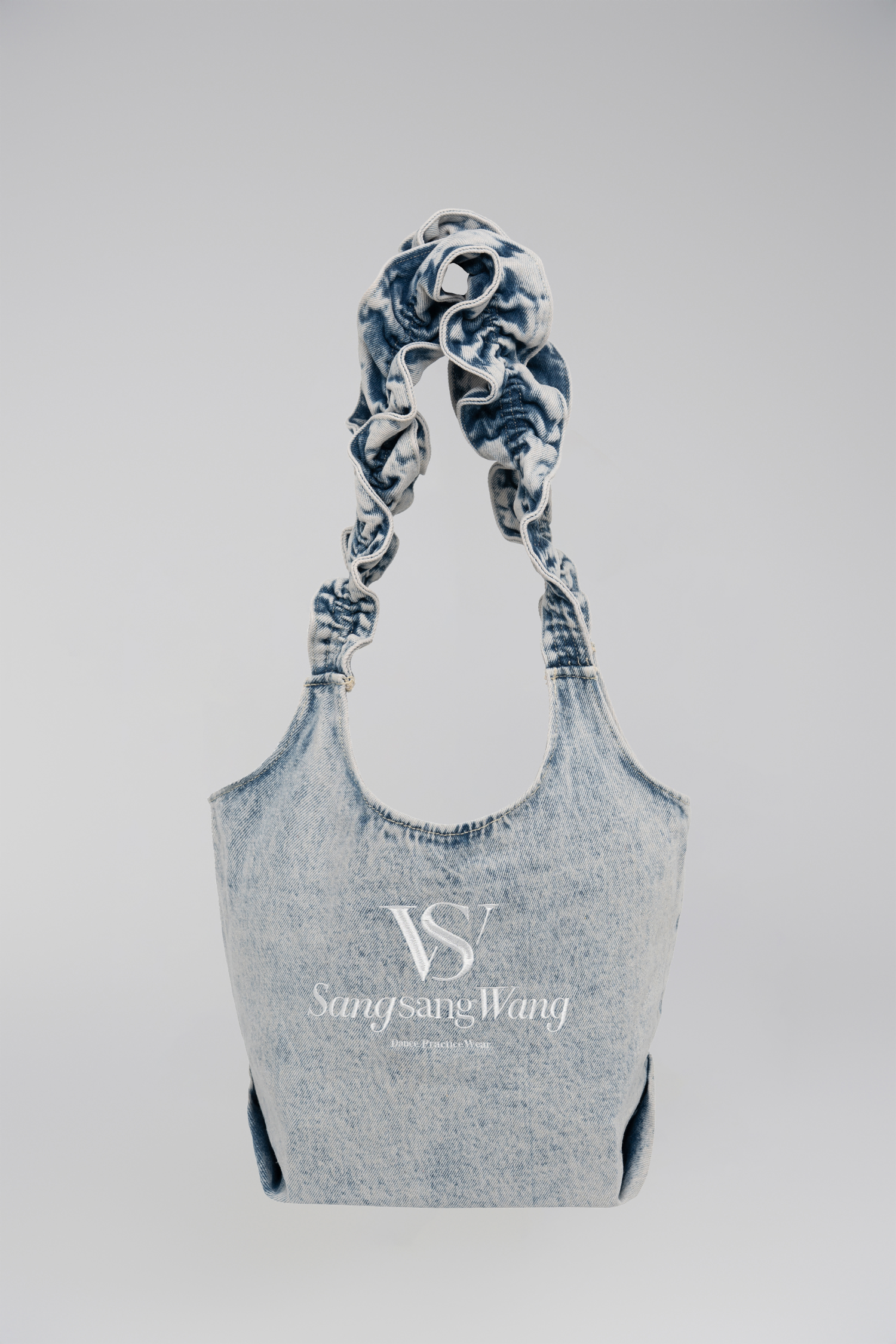 Denim Bag with Ruffled Straps (Black-Gray)