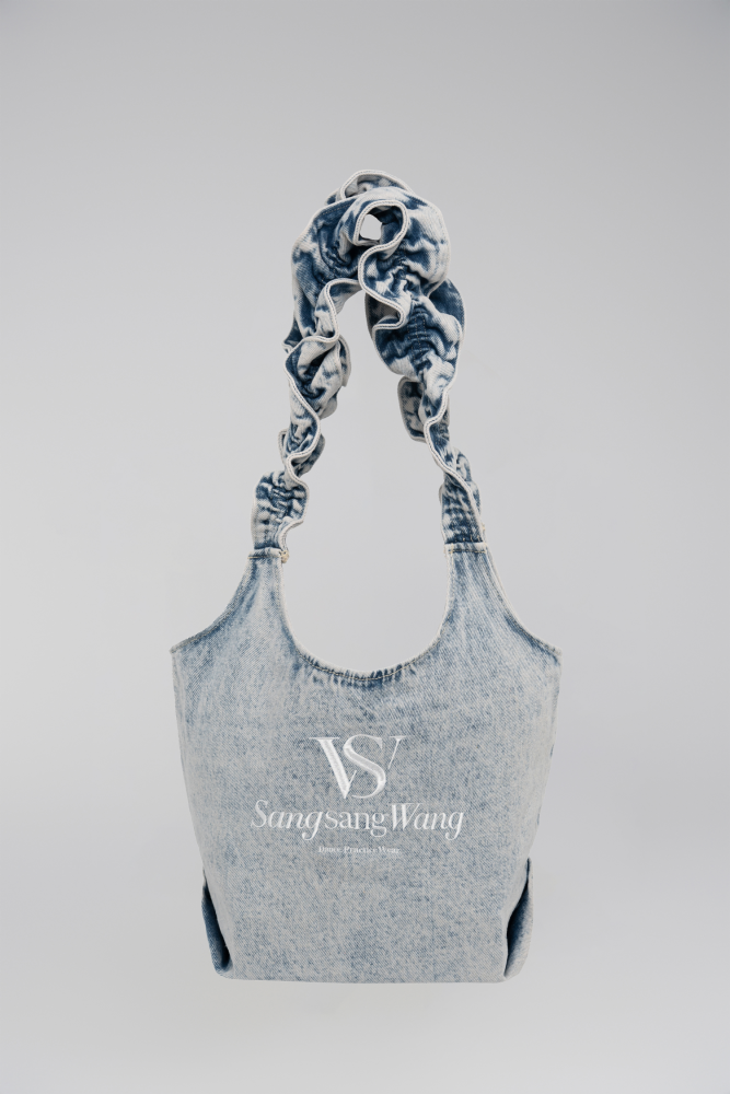 Denim Bag with Ruffled Straps (Black-Gray)