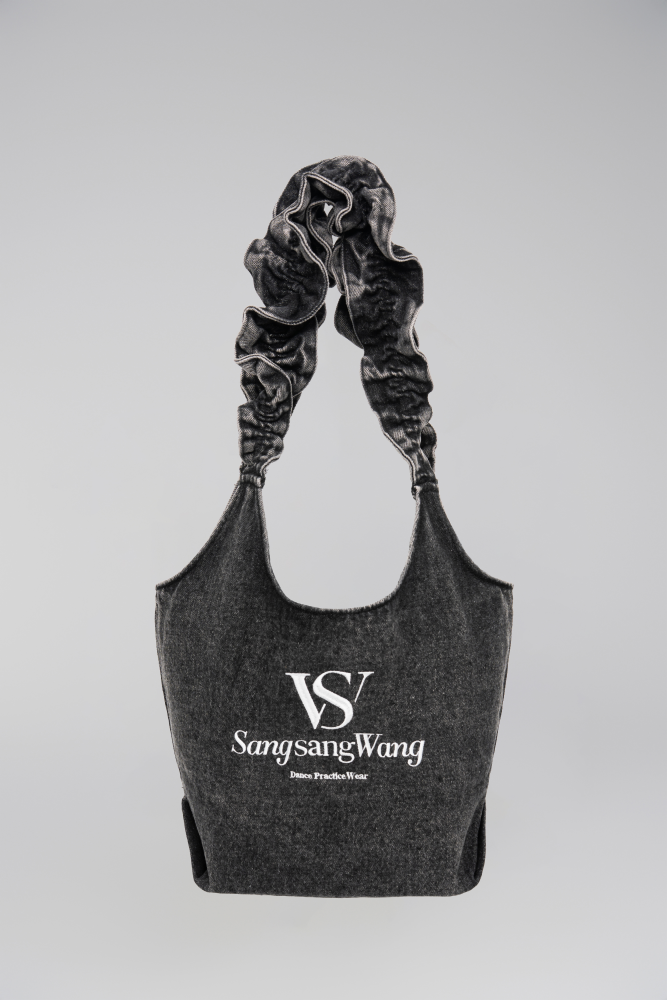 Denim Bag with Ruffled Straps (Black-Gray)