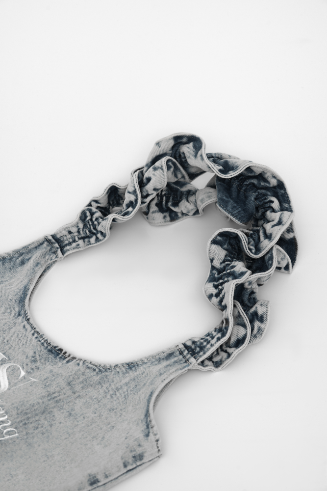 Denim Bag with Ruffled Straps (Black-Gray)