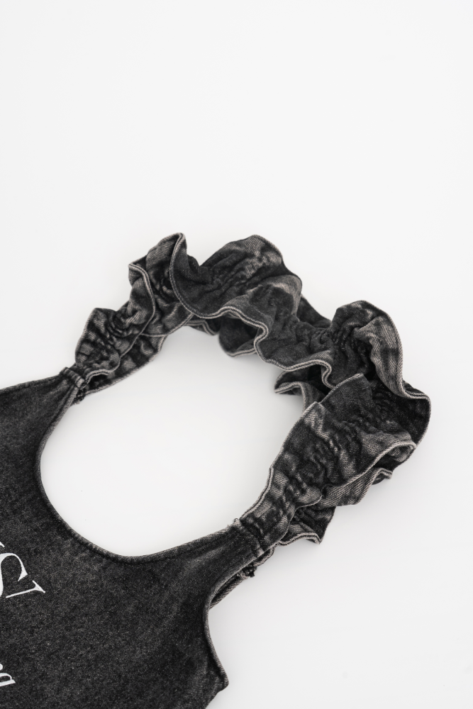 Denim Bag with Ruffled Straps (Black-Gray)
