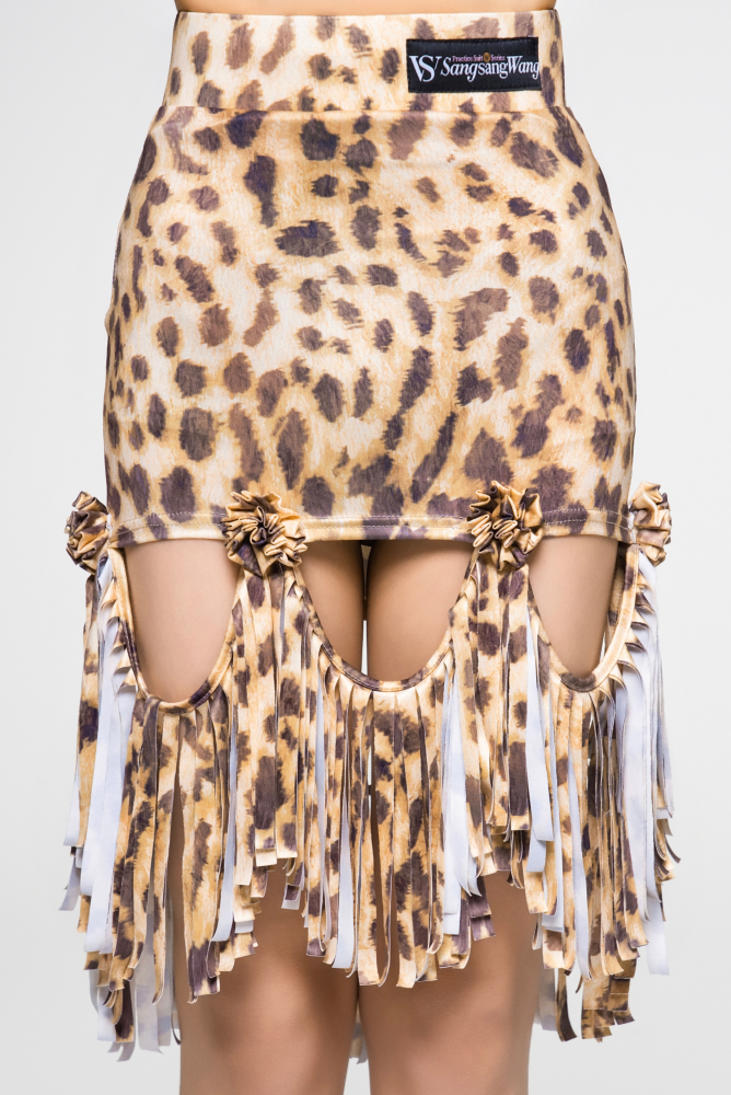 Girls' Floral Strap Color-Changeable Fringe Skirt (with Undershorts / Coffee with Yellow & Blue)