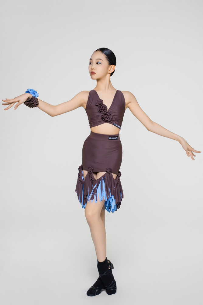 Girls' Floral Strap Color-Changeable Fringe Skirt (with Undershorts / Coffee with Yellow & Blue)