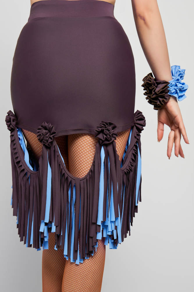 Women's Floral Strap Color-Changeable Fringe Skirt (with Undershorts / Coffee with Yellow & Blue)